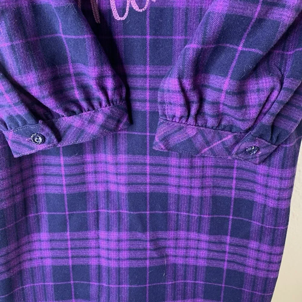 Anna Sui Mini Girls 12Y L Purple Plaid Shirt Dress Butterfly Embroidered Ruffle